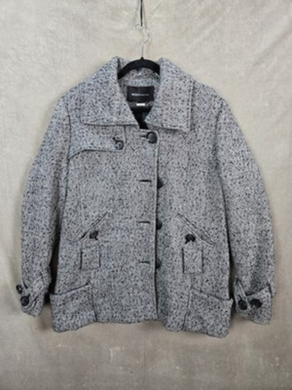 MODA INTERNATIONAL Women's Black White Herringbone Tweed Pea Coat Jacket Short L